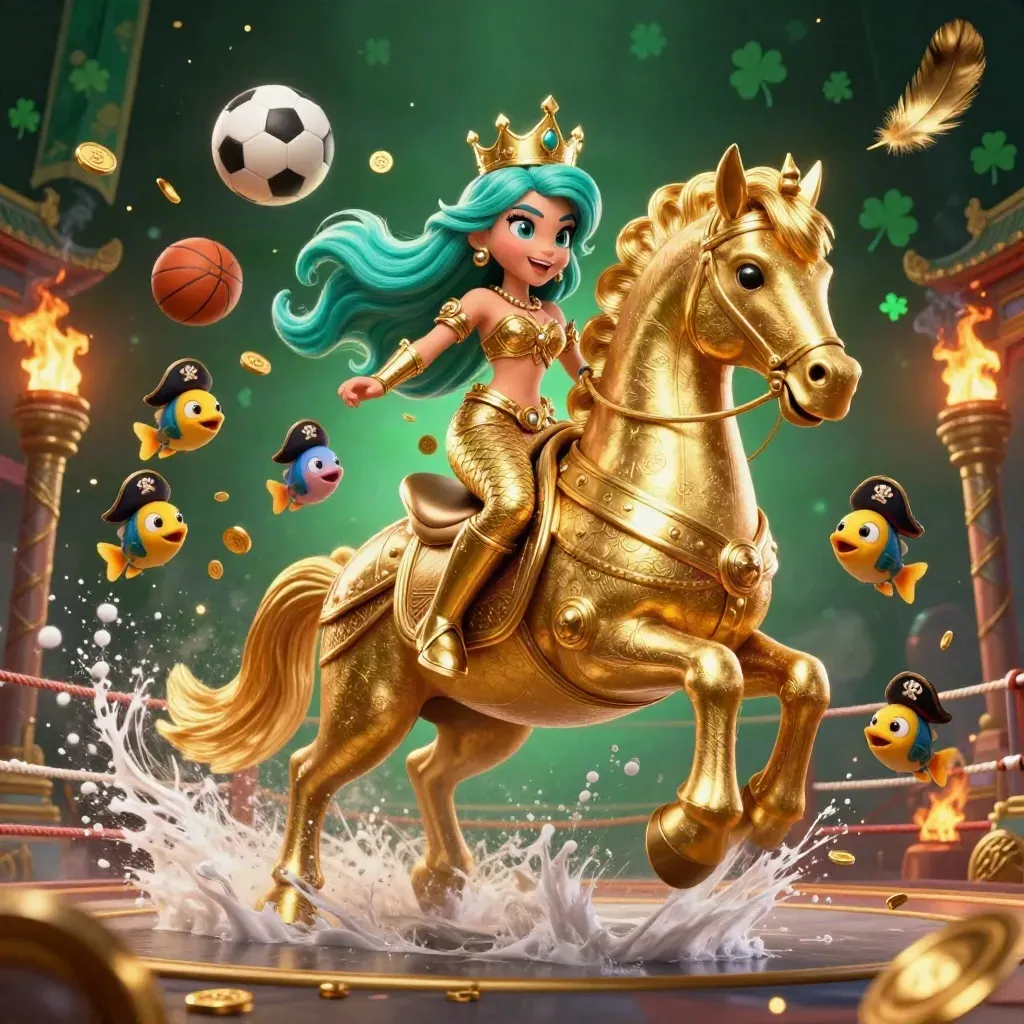 Mermaid princess on a golden seahorse amid casino fantasy with coins, fish, and glowing lights.