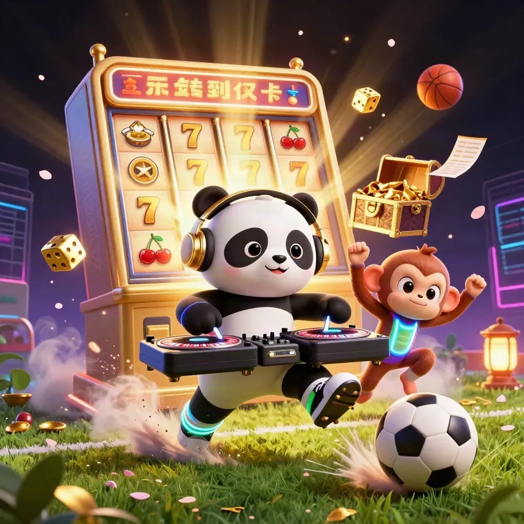 Cartoon casino animals, roulette turntables, flying gold, soccer ball burst, dark neon grid