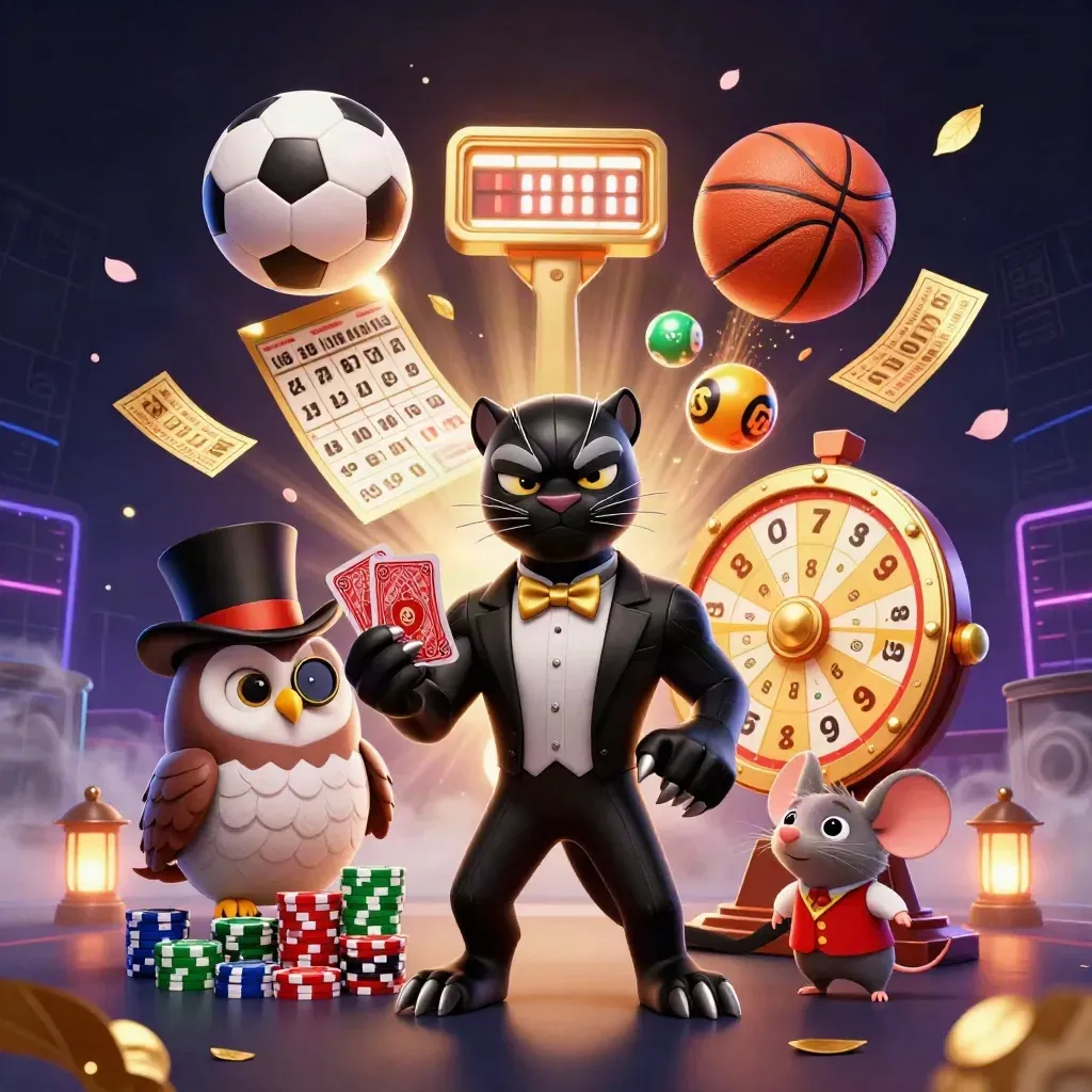 Panther, owl, and mouse in luxe casino action with balls, chips, and glowing sports energy