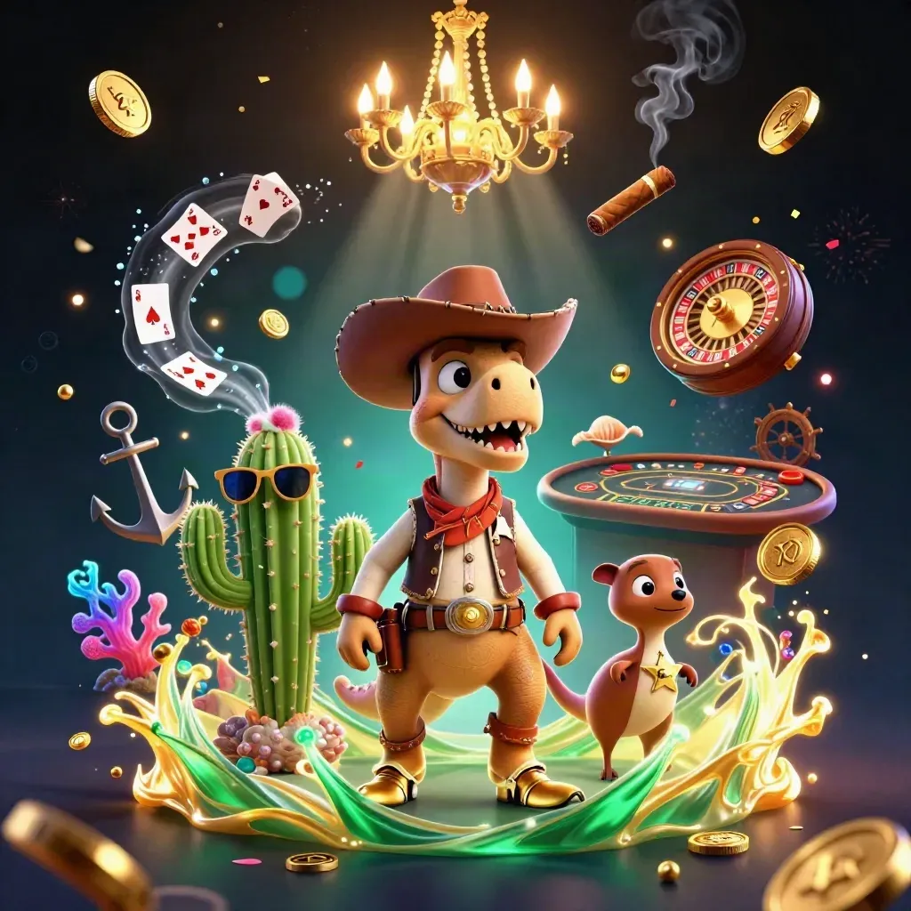 Cowboy T-Rex, cactus, and roadrunner in a glowing treasure-casino scene.