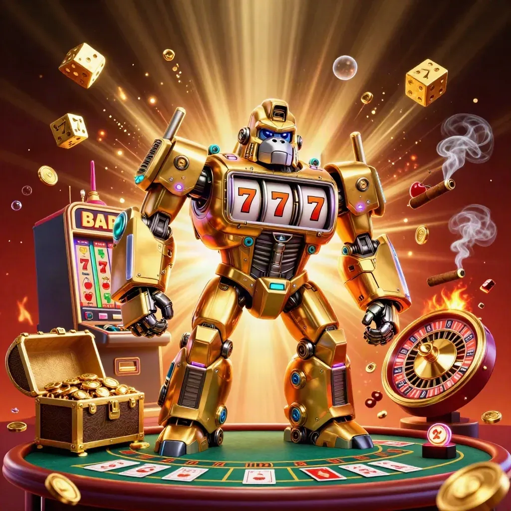 Golden gorilla slot-machine mech with monkey pilot amid casino bursts, dice, chest, wheel, and glowing light.
