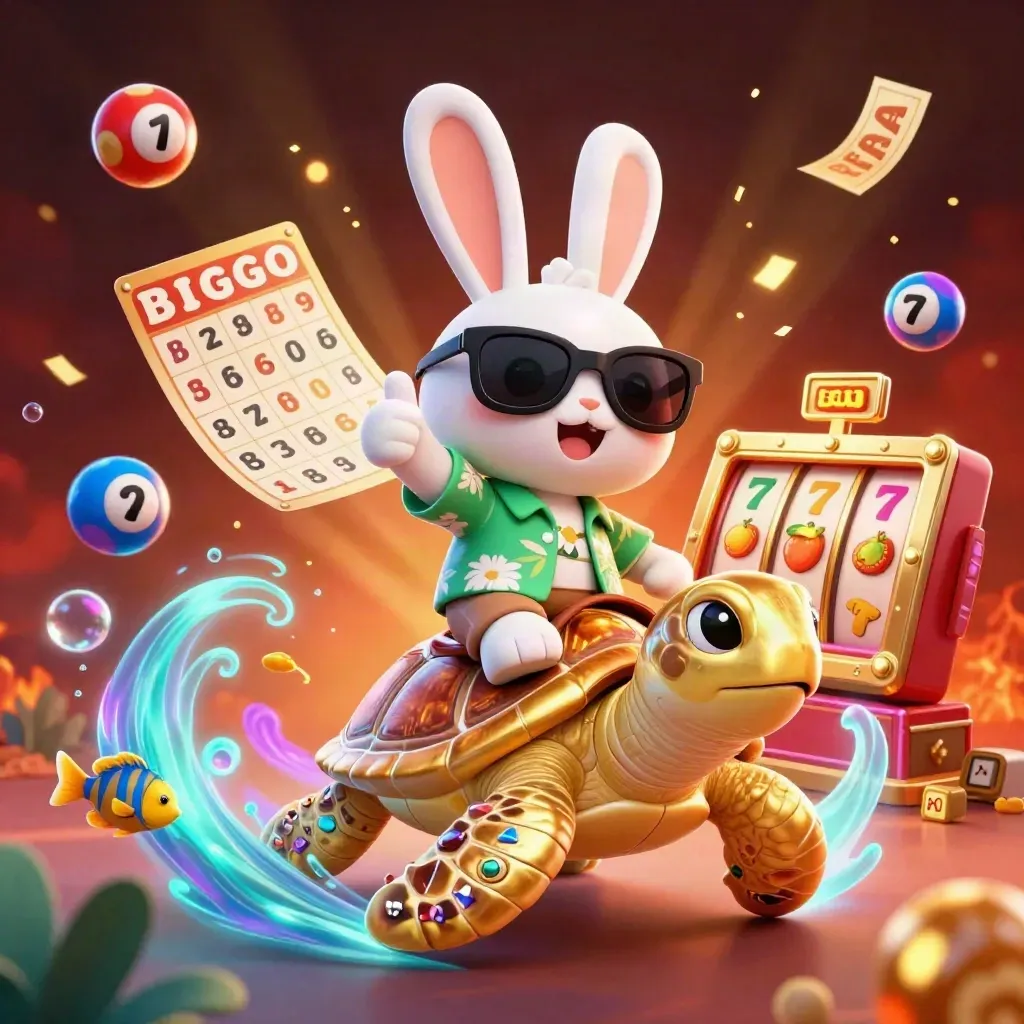 Lucky rabbit on jeweled sea turtle amid casino bursts, tropical glow, and gold-cyan effects