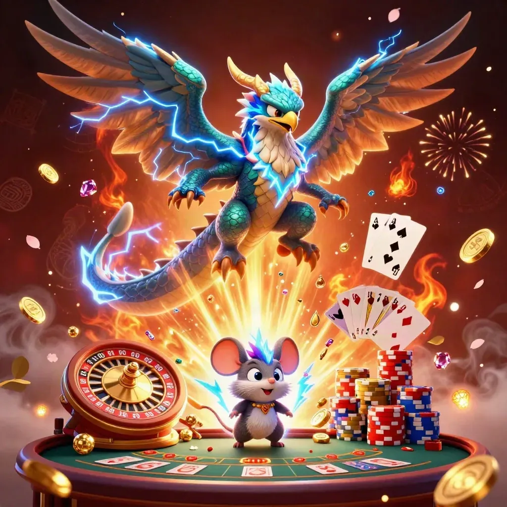 Dragon, hawk, and thunder-mouse amid exploding coins, cards, and a spinning roulette wheel.